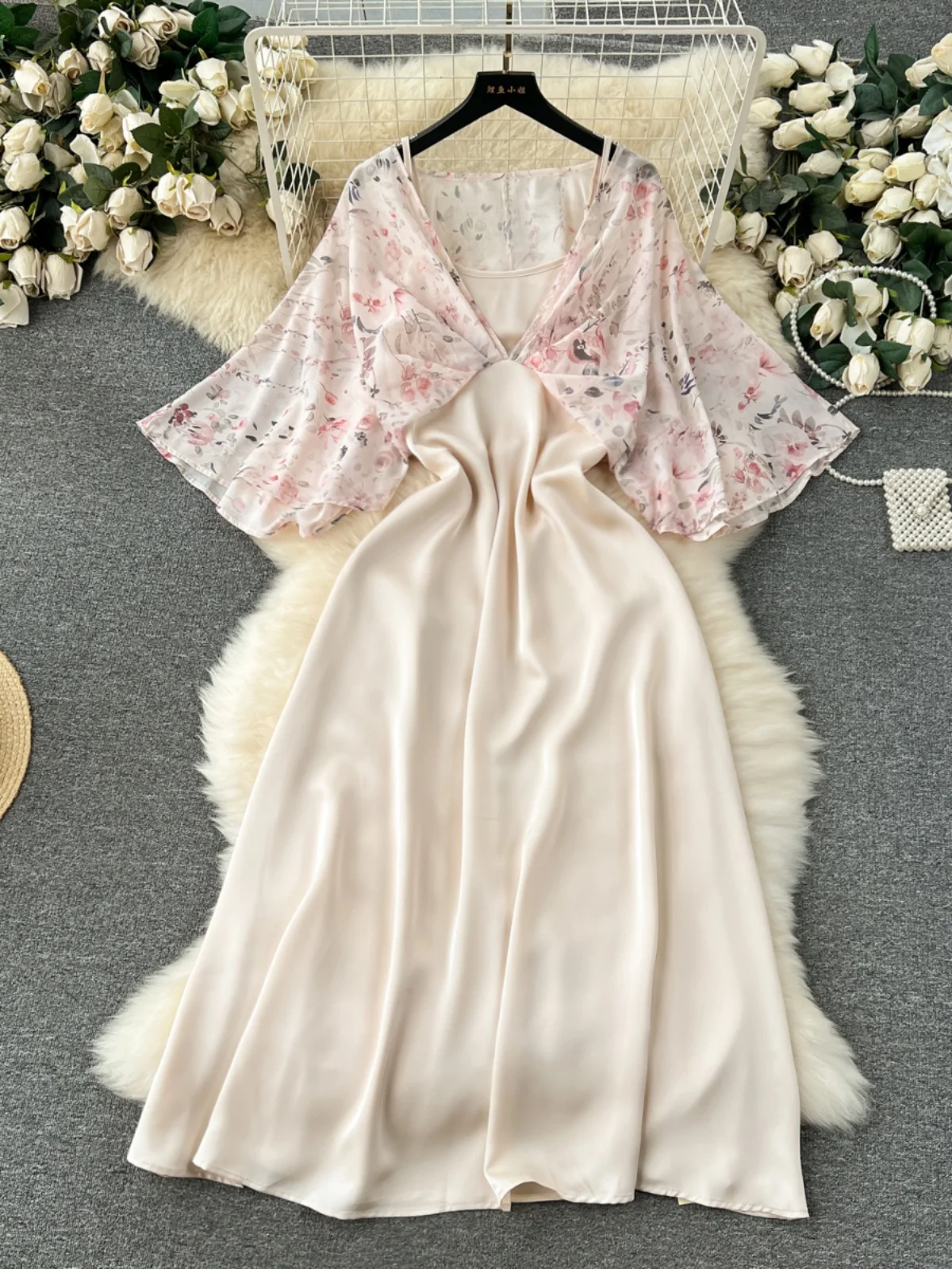 

2024 French Women Dresses Summer New Floral Shawl Patchwork Satin Slim Party Gown Lady Elegant Holiday Beach Sundress