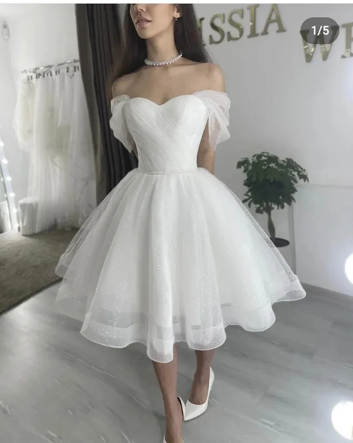 Knee Length Wdding Dresses Off Shoulder Sweetheart Pleats with Belt Ball Gown Formal Party Bride Gowns Special Occasion Gowns