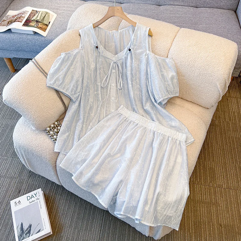 150Kg Plus Size Women's Bust 165 Summer Off Shoulder Shirt Top Shorts Two-Piece Set 5XL 6XL 7XL 8XL 9XL