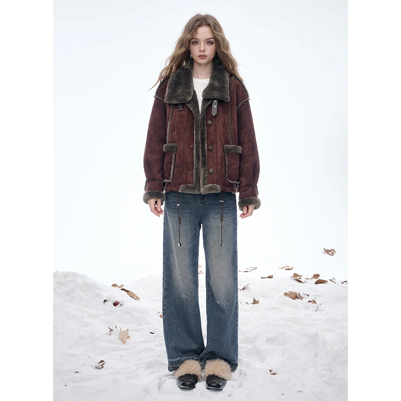ELFSACK Women's Vintage Suede Plush Winter Coat 2025, Loose Turn-Down Collar Blend Jacket, Casual Versatile Outerwear