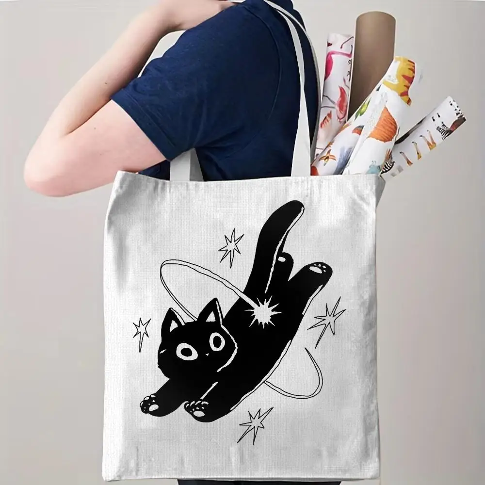 Retro Black Cat Storage Bags Canvas Double-Sided Print Beach Bag Durable Handbag Shoulder Travel Bag Gift
