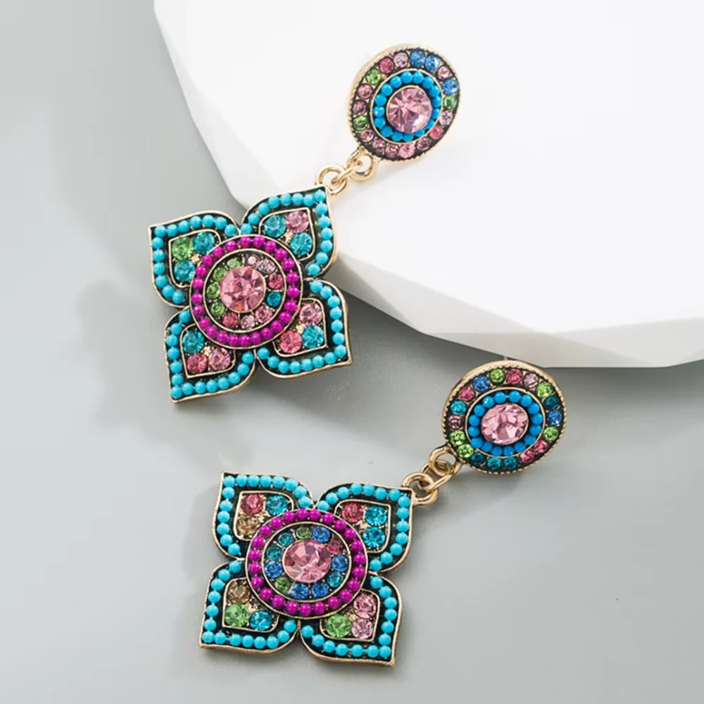 Exquisite Women Collision Color Rhinestones Zircon Earrings Anniversary Jewelry Accessories Vintage Geometric Flower Earrings