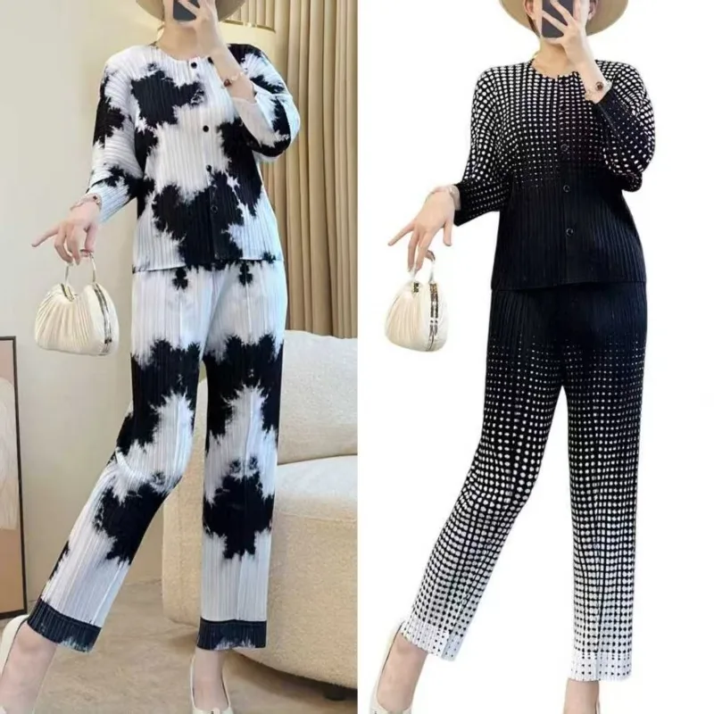 

Miyake плиссированный брючный костюм для женщин, весна/осень 202, повседневный свободный утягивающий кардиган, топ, плиссе, комплект из 2 предметов, элегантные складки