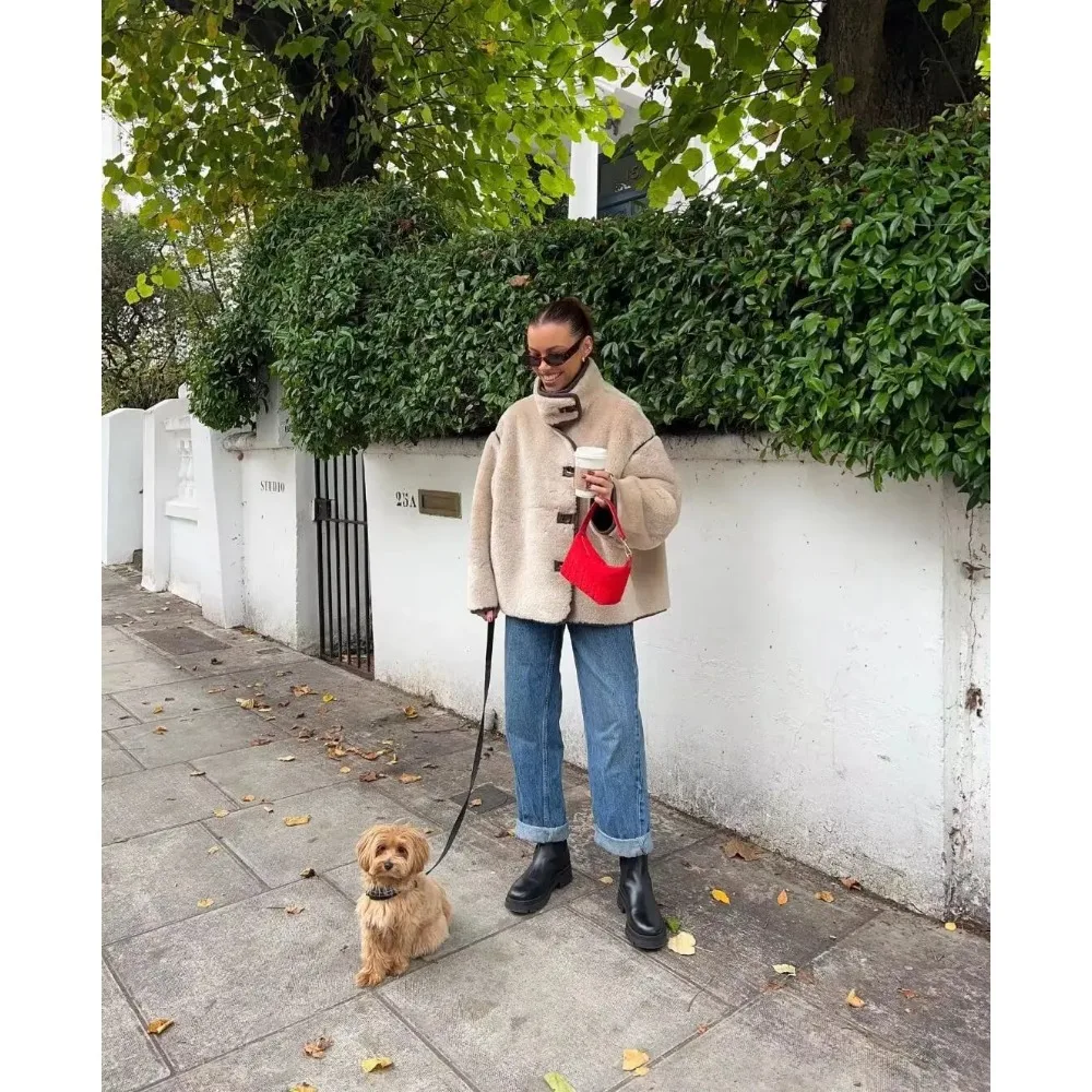 دافئ فضفاض جديد ملابس خارجية السيدات البيج كم طويل سترات رجالي الياقة المدورة الصوف امرأة معاطف علوية الإناث سميكة