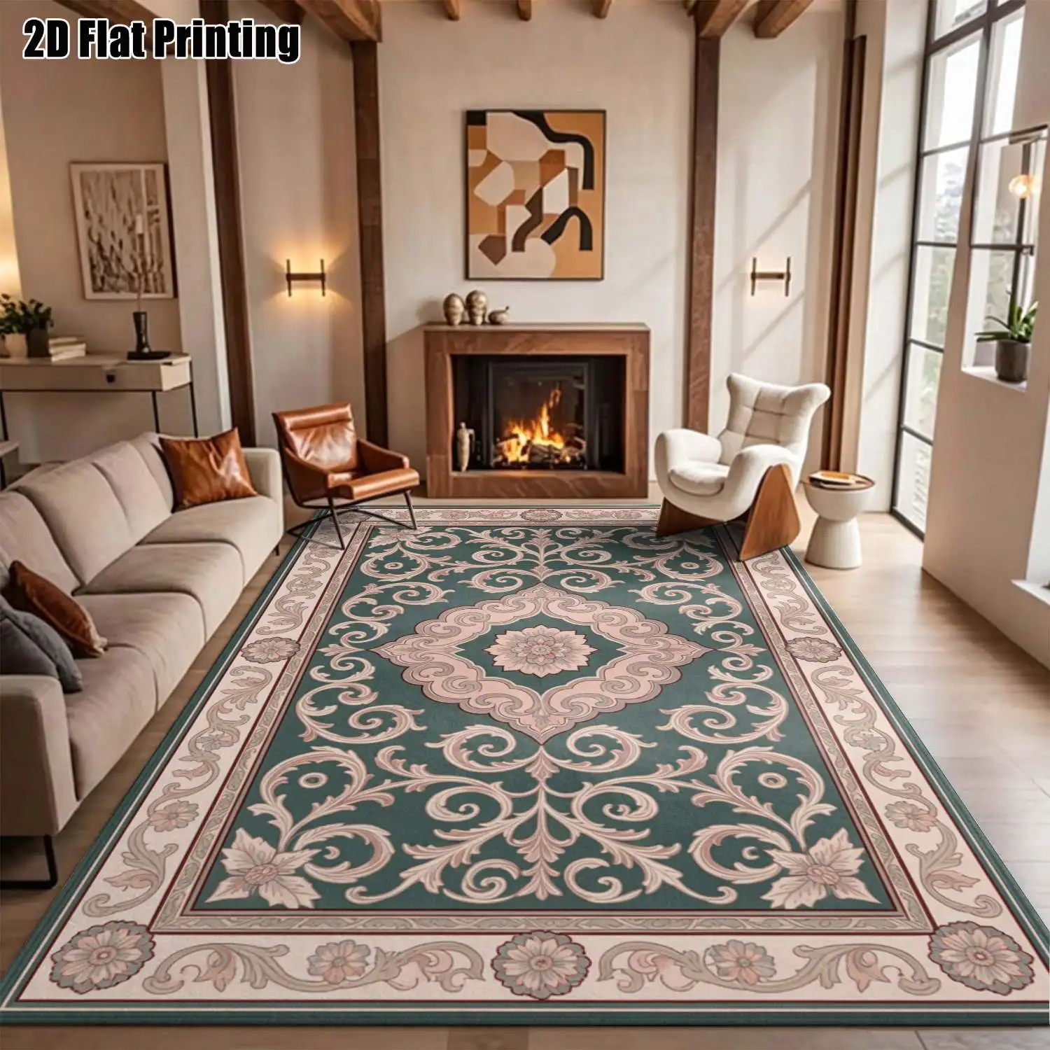 1Pc 2D Printed Carpet: Retro Green Base, Pink Floral Symmetrical Pattern European-Style Home Decor Rug, Machine Washable, Multi-Size for Living Room, Bedroom, Dining Room, Entryway, Study.