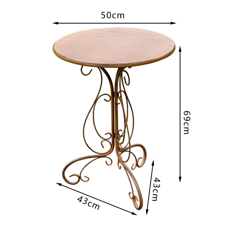 Round Side Table with Ornamental Wrought Iron Scrollwork Base, Vintage Distressed Brown, 20x27 Inch, Indoor Outdoor Use