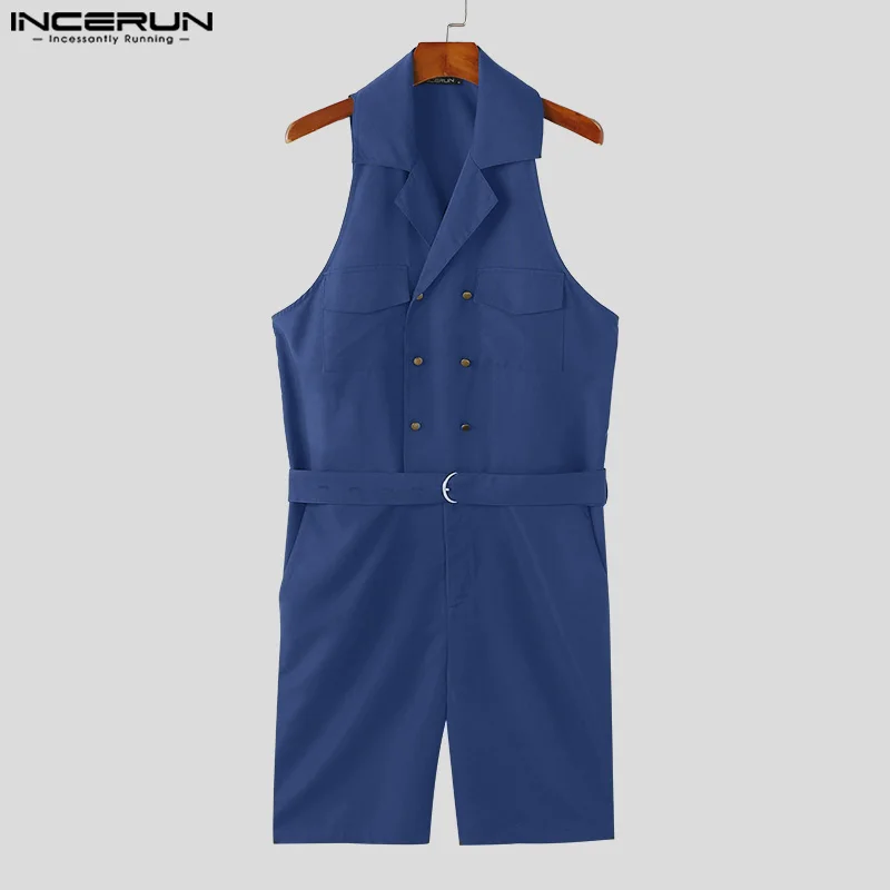 INCERUN Men Jumpsuits Solid Color Lapel Sleeveless Double Breasted Overalls Men Streetwear 2024 Fashion Casual Rompers With Belt