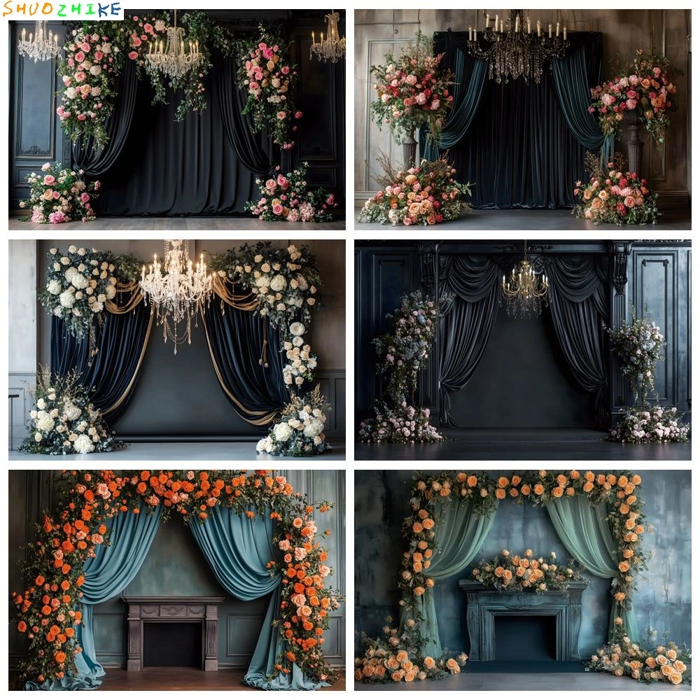 

Retro Wedding Photography Backdrop Flowers Vintage Wall Curtain Bride Portrait Bridal Shower Party Decoration Photo Background
