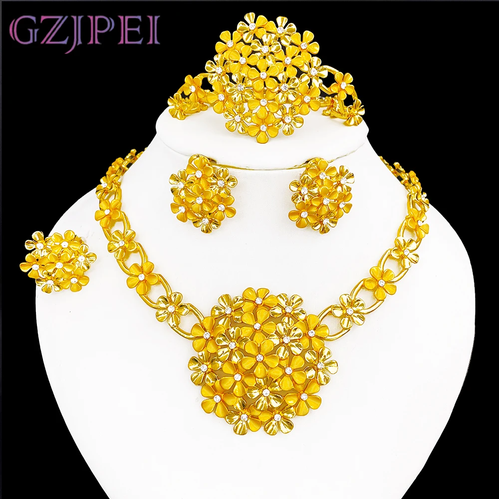 

GZJPEI Africal Big Flower Jewelry Set Dubai Nigeria Wedding Gifts 18K Gold Plated Large Pendant Necklace Bracelet Earring Rings