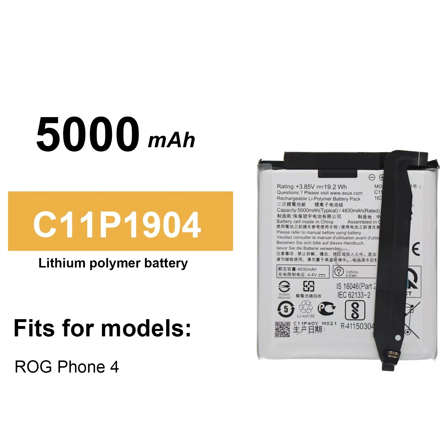 For ROG 1, ROG  2, ROG3, ROG4，ZS661KS, ZS660KL, I001DB  ASUS Original Replacement Battery, C11P1901, C11P1903, 6000mAh,