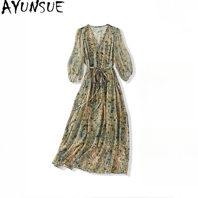 AYUNSUE 100% 天然シルク女性ドレスグリーン春夏ドレス草原シックなロングドレス女性服 Roupas Feminina