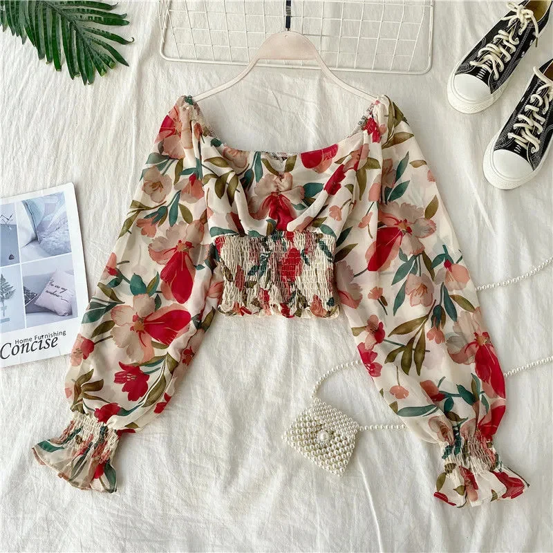 Rimocy Fashion Flowers Printed Chiffon Shirts Women 2024 Summer Long Sleeve Cropped Shirts Woman Vinatge Low Collar Blusas Mujer