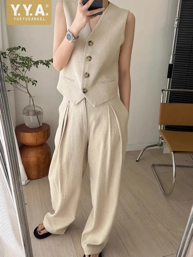 Women Casual Weaving Linen Sleeveless Sets Stylish Wide Leg Pant Outfit Loose Fit Breathable Fashion Two Piece Vest Set Hot Sale