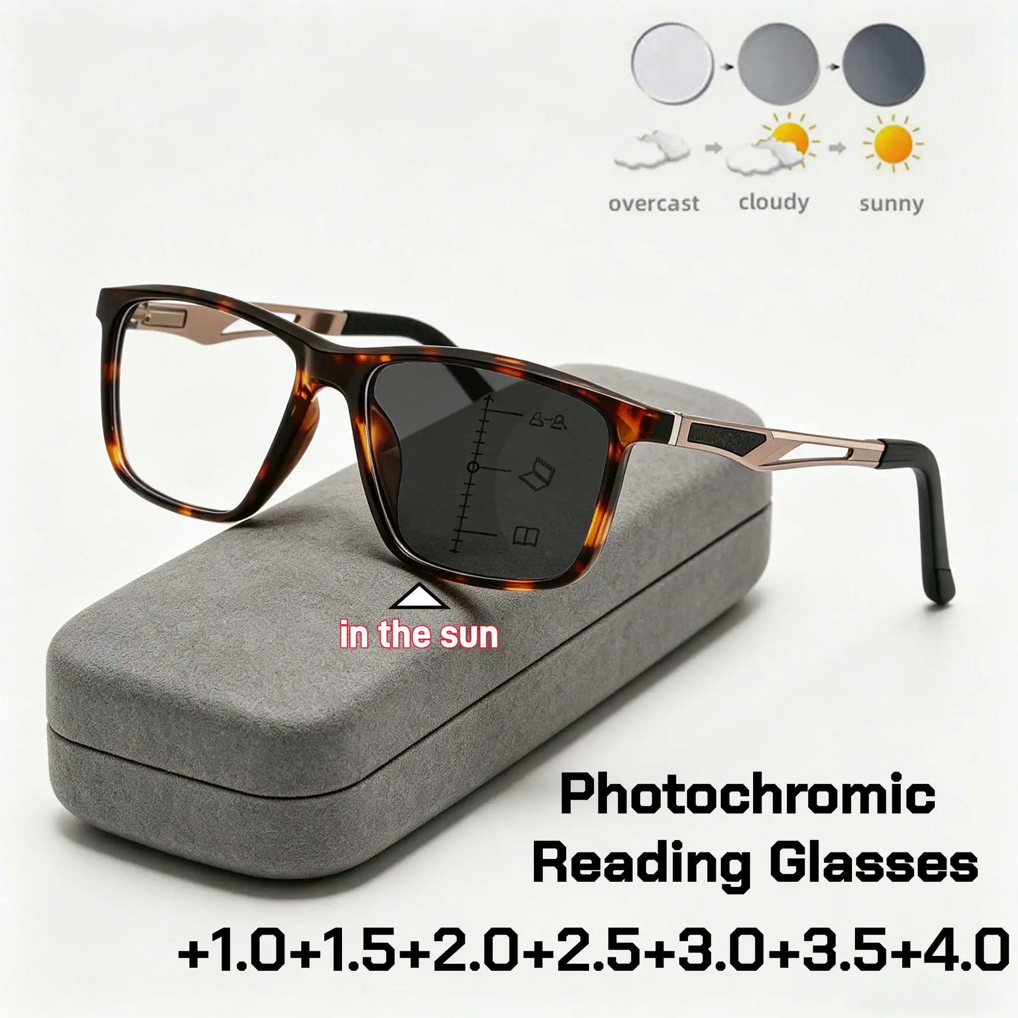 

Ultralight TR90 Multifocal Photochromic Reading Glasses for Men High-end Square Frame Progressive Glasses of View Far and Close
