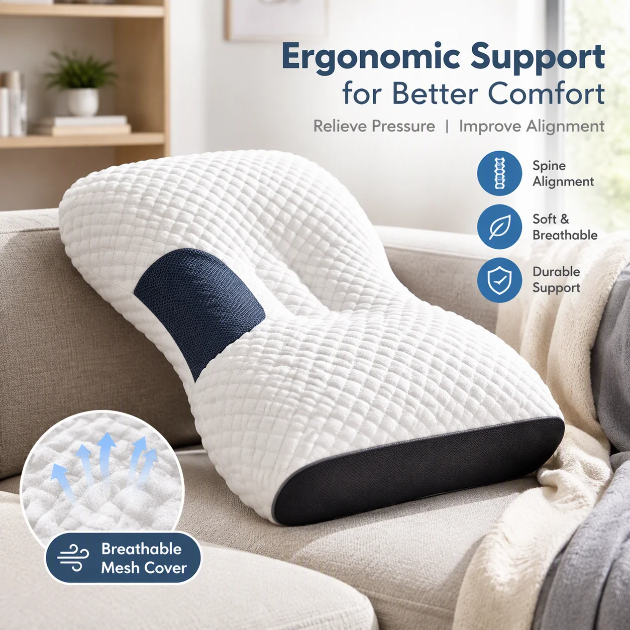 Ergonomic Cervical Pillow Memory Foam Neck Support Orthopedic Bed Pillow for Neck Pain Relief Side Back Stomach Sleepers