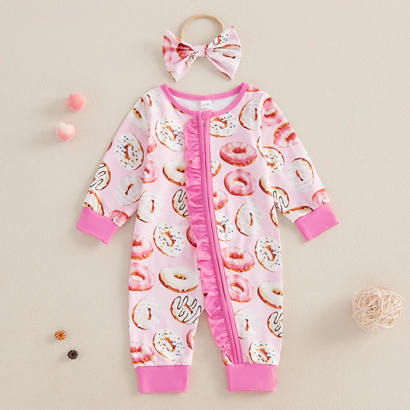 Baby Girl 2Pcs Fall Outfits Long Sleeve Doughnut Print Ruffle Jumpsuit with Headband Set Newborn Clothes