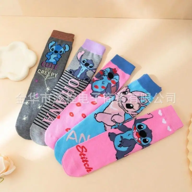 Kawaii Disney Stitch Cotton Socks Mid-Tube Socks Color Fashion Sweat Absorption Breathable Ins Anime Christmas Gift For Girls