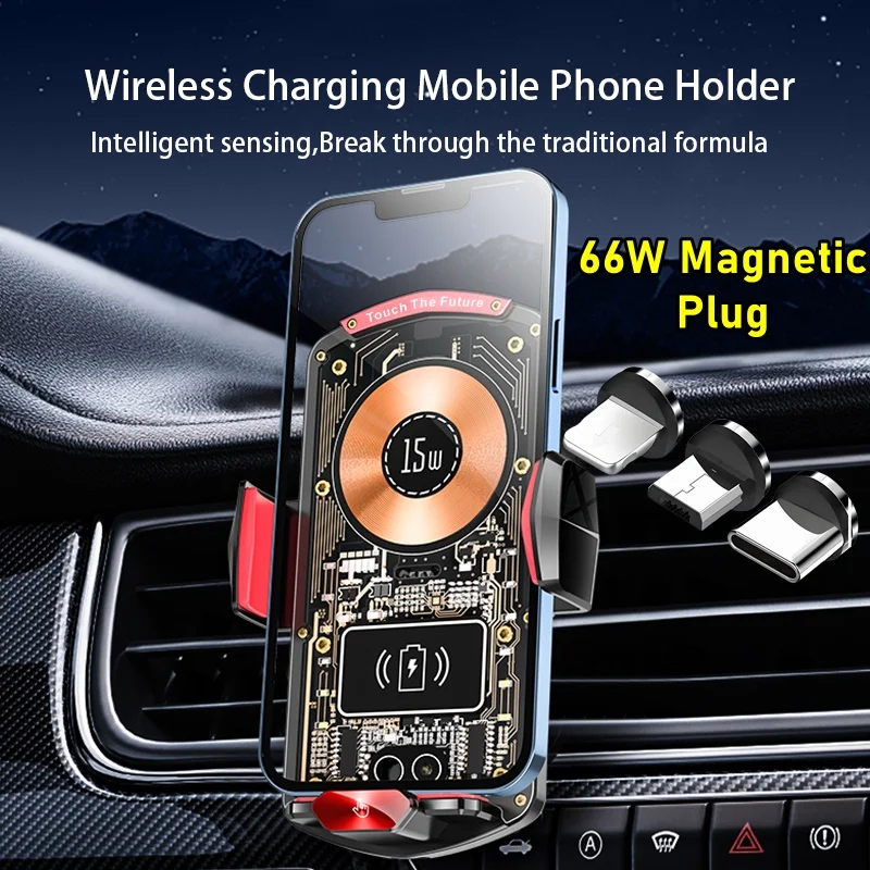 15W Universal Car Wireless Charger Holder Auto-Sensing Ambient Light 360 Rotating 66W Plug Charging Mount for iPhone/Samsung/Car view 4