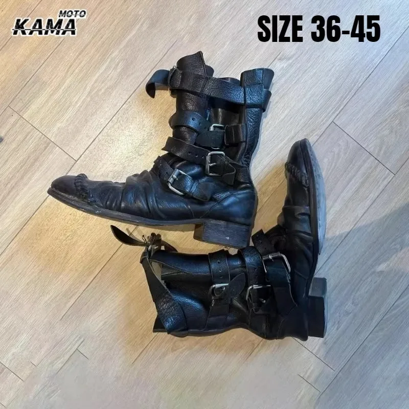 Schwarze, plissierte mittelhohe Stiefel mit mehreren Schnallen für Damen, Winter 2026, runde Zehen, klobige Absätze, Punk-Stil, Biker-Stiefel, Ritterstiefel