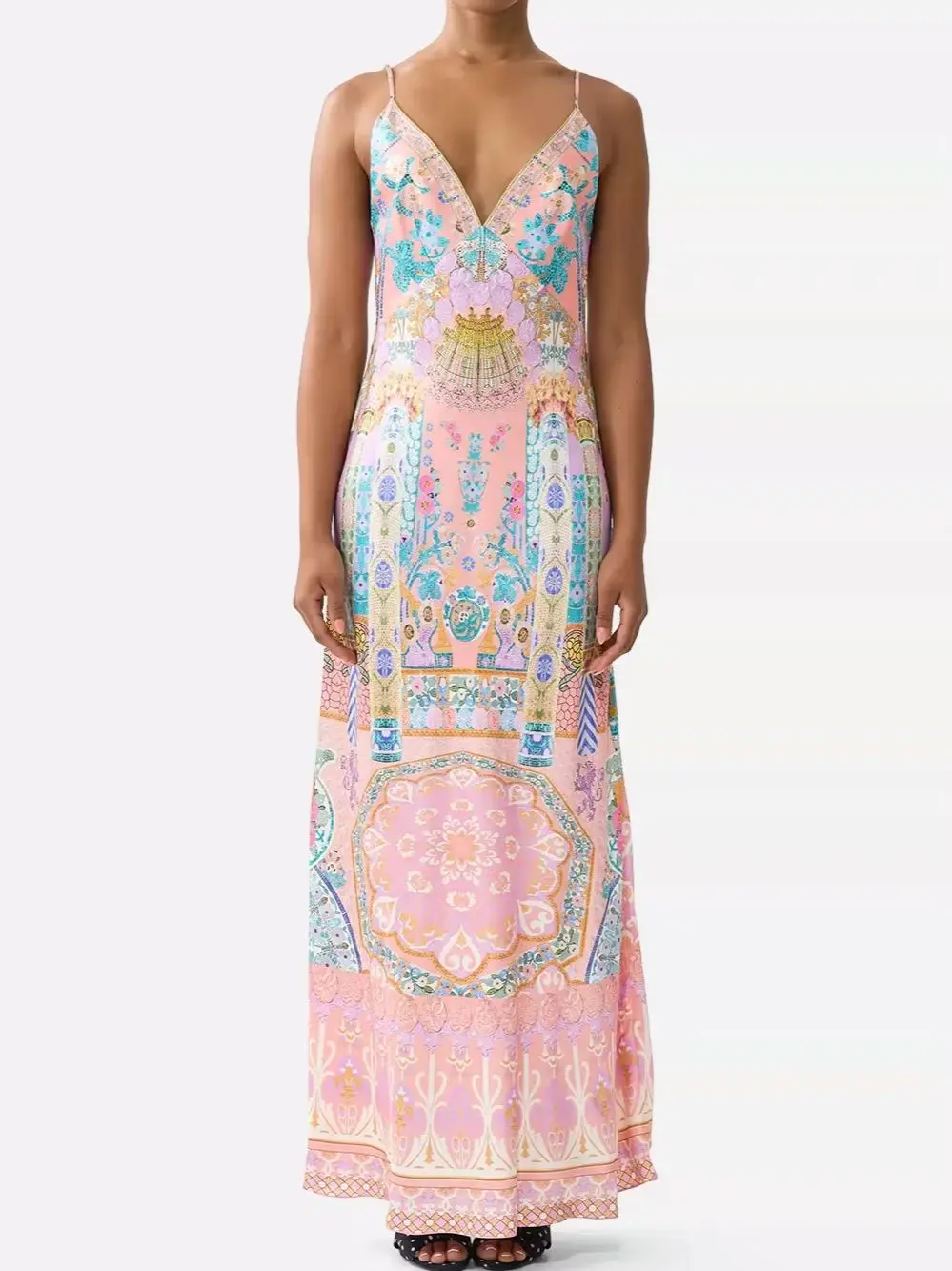 Image of Schwer Perlenverziertes Rückenfreies Langes Kleid für Damen in Rosa, 100% Seide, Blauer Druck, Ärmellos, Hohe Taille, Urlaubsstil, Trägerkleid