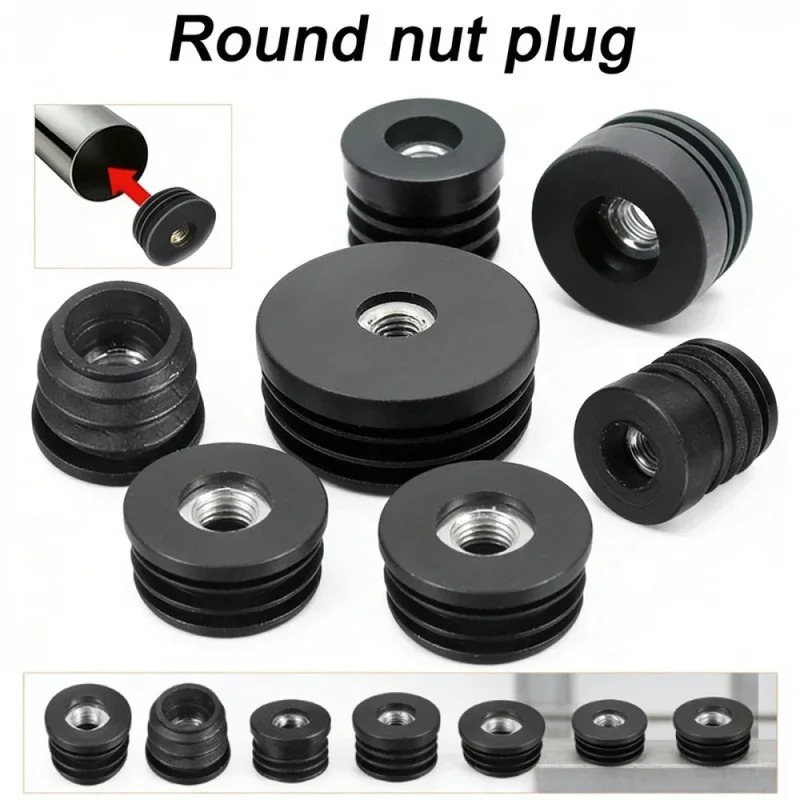 4-16pcs M6 M8 Round Plastic Pipe Plugs, Black Hole Nut Caps Adjustable Screw Foot Pads for Furniture Legs & Tube End Covers