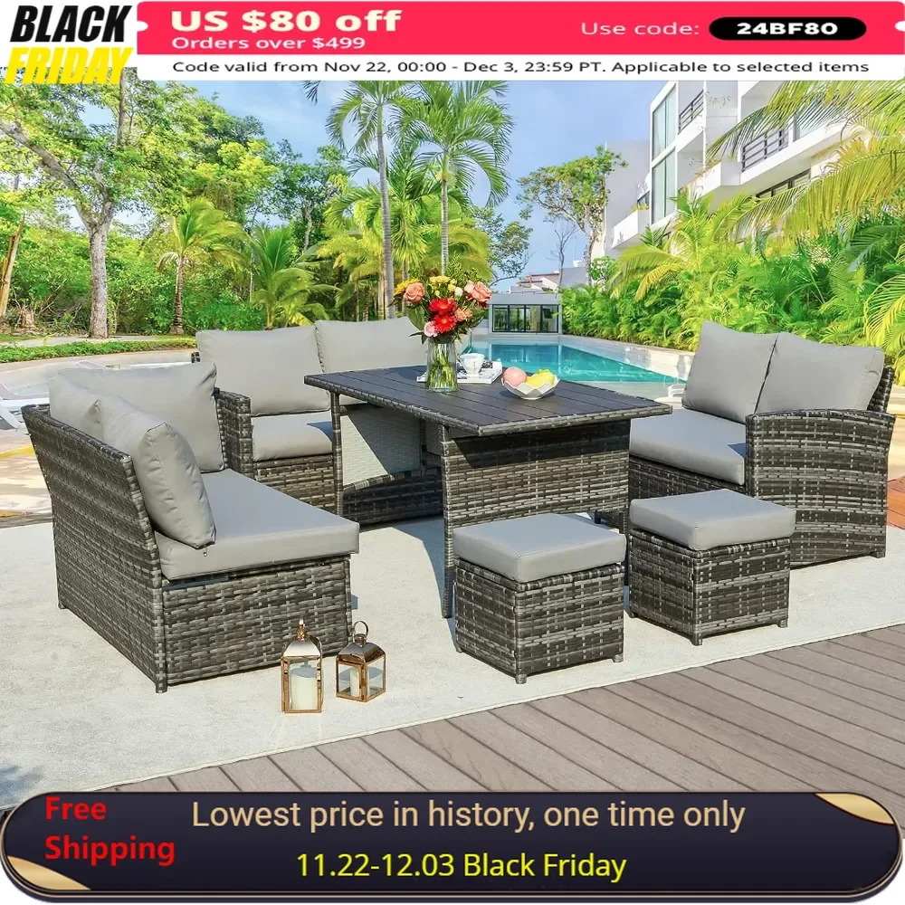 

Garden Sofa, 7-piece, with Dining Table and Chairs, All-weather Wicker Parlor Set with Footstool, Patio Sofa Set