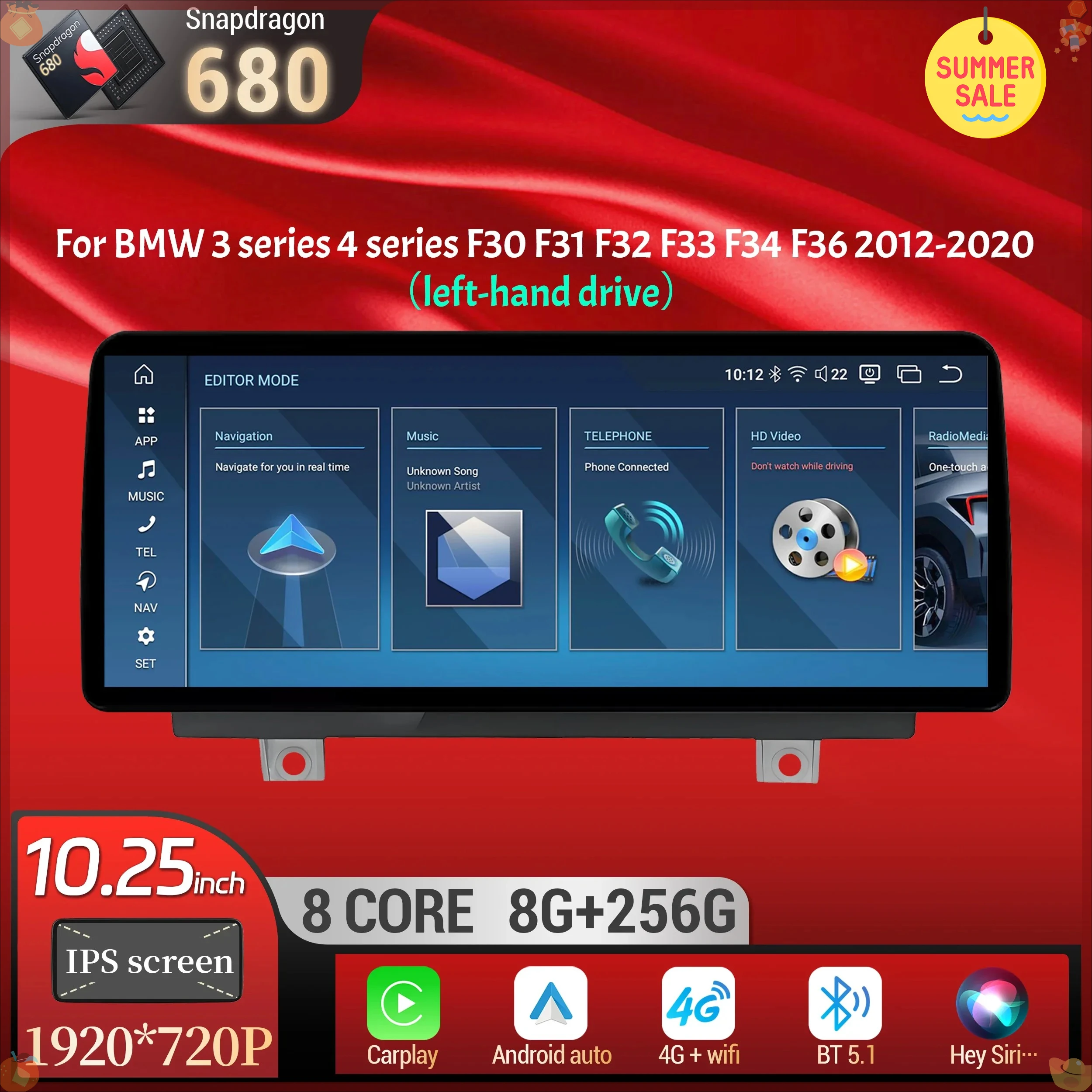 10.25 inch For BMW 3 series 4 series F30 F31 F32 F33 F34 F36 2012-2020 LHD Android 14 Car Radio BT Carplay Snapdragon 680 Screen