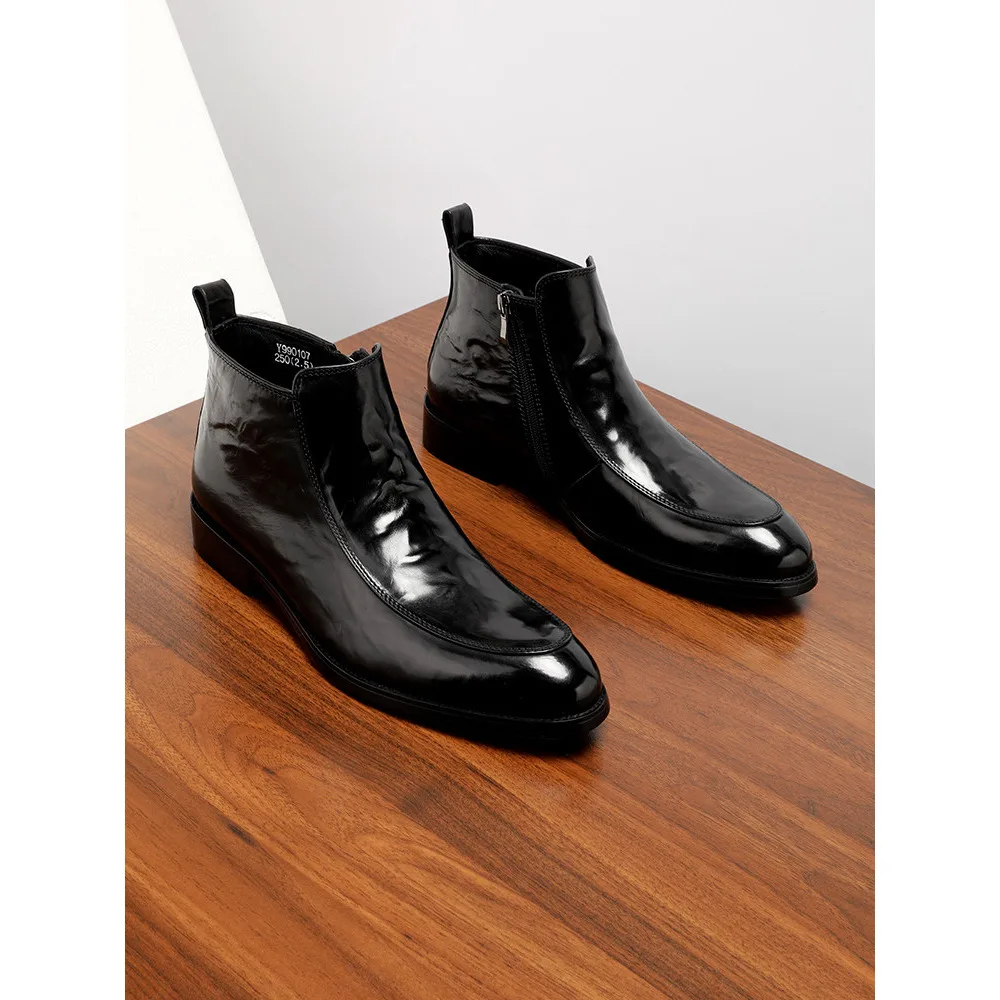 Mens Genuine Calfskin Leather Boots High Top Pointed Toe Business Casual Zipper British Style Mens Leather Shoes