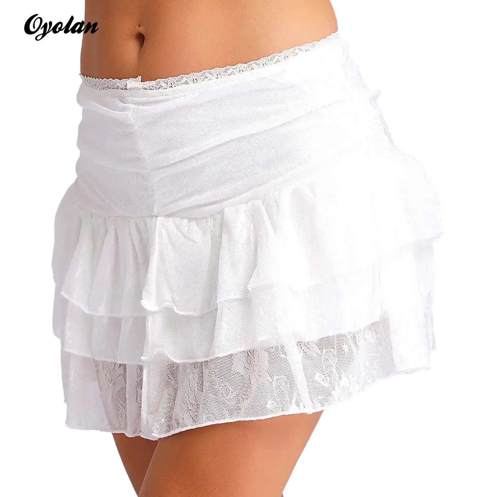 

Women Ruffle Lace Mini Skirt Mid Waist Solid Color Short Skirts Low Waist Tiered Layered Pleated Underskirt Flowy A Line Skirts