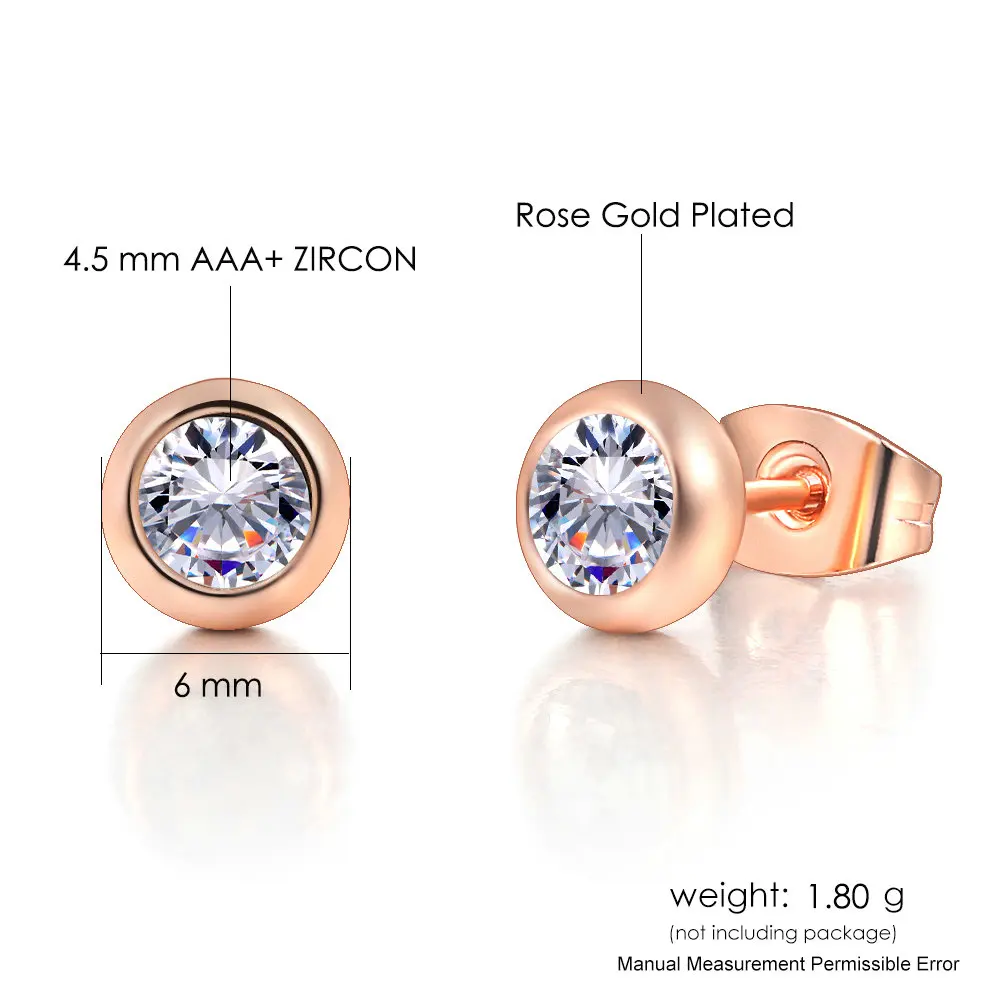 Piercing Stud Earrings For Women Korean Style Simple Round Zircon Rose Gold Color Christmas Accessories Jewelry Wholesale E496