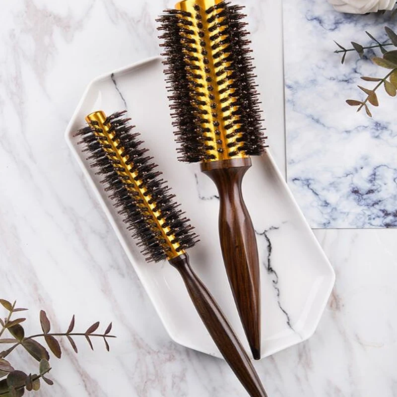 Straight Twill Hair Comb Natural Boar Bristle Rolling Brush Round Barrel Blowing Curling DIY Hairdressing Styling Tool