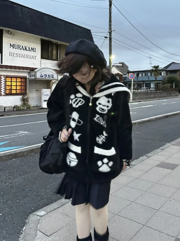 Y2k Harajuku Gothic Dámské pletené kardigany s kapucí na zip Patchwork Japonské módní svetry Slim Gyaru Grunge Podzimní - náhled 4