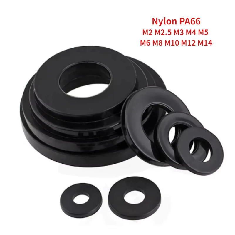 100-1000Pcs M2 M2.5 M3 M4 M5 M6 M8 M10 M12 M2 M14 Black Plastic Nylon PA66 Flat Washer Plane Spacer Insulation Gasket Ring