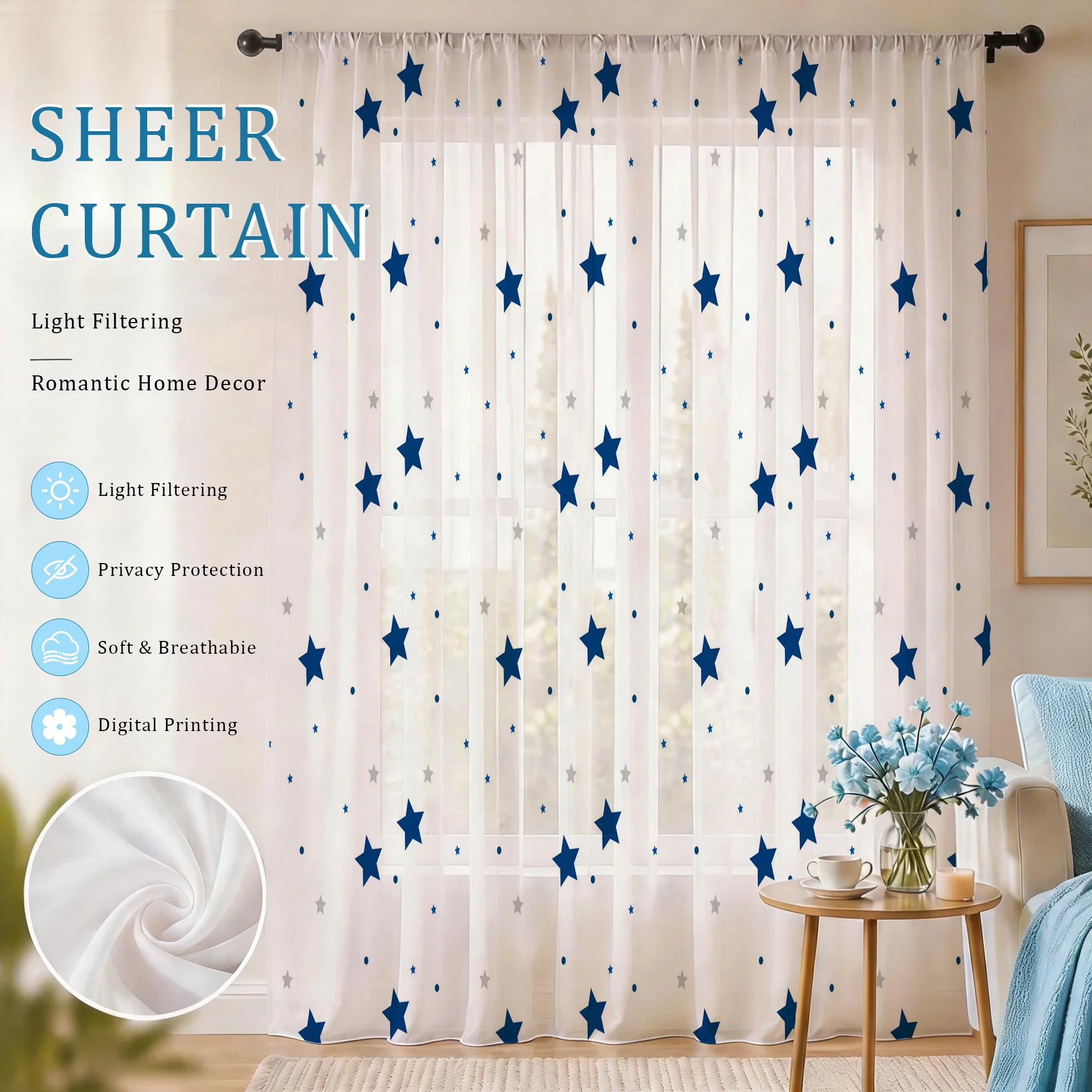 Light Blue Modern Gradient Sheer Curtain, Good Quality Light Reducing Luxurious Privacy Voile For Living/Bedroom/Kids Room, Gift