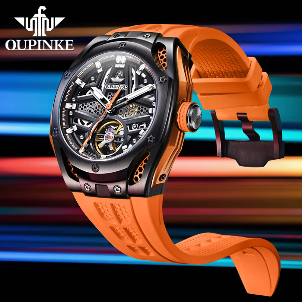 OUPINKE 9003 Sport Mechanical Men\'s Watches Hollow Flywheel Top Brand Fashion Automatic Watch For Men Silicone Strap Hand Clock
