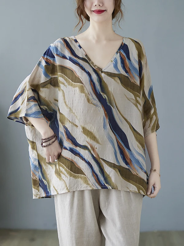 

plus Size Women's Summer T-irt V-Ne Cotton Linen Print Casual Belly Covering Anti-Aging Artistic Loose Fit Batwing Sve