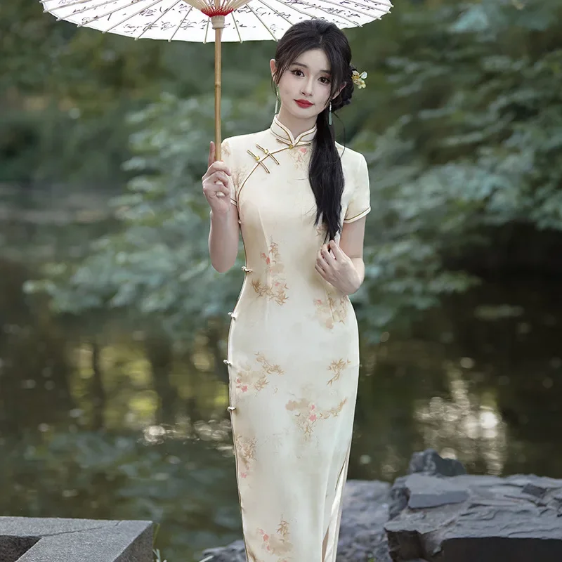 

Новинка 2023 года, женское сексуальное платье Ципао Cheongsam, улучшенное платье в китайском стиле, повседневная верхняя одежда, двухслойное шифоновое банкетное платье, Vestidos