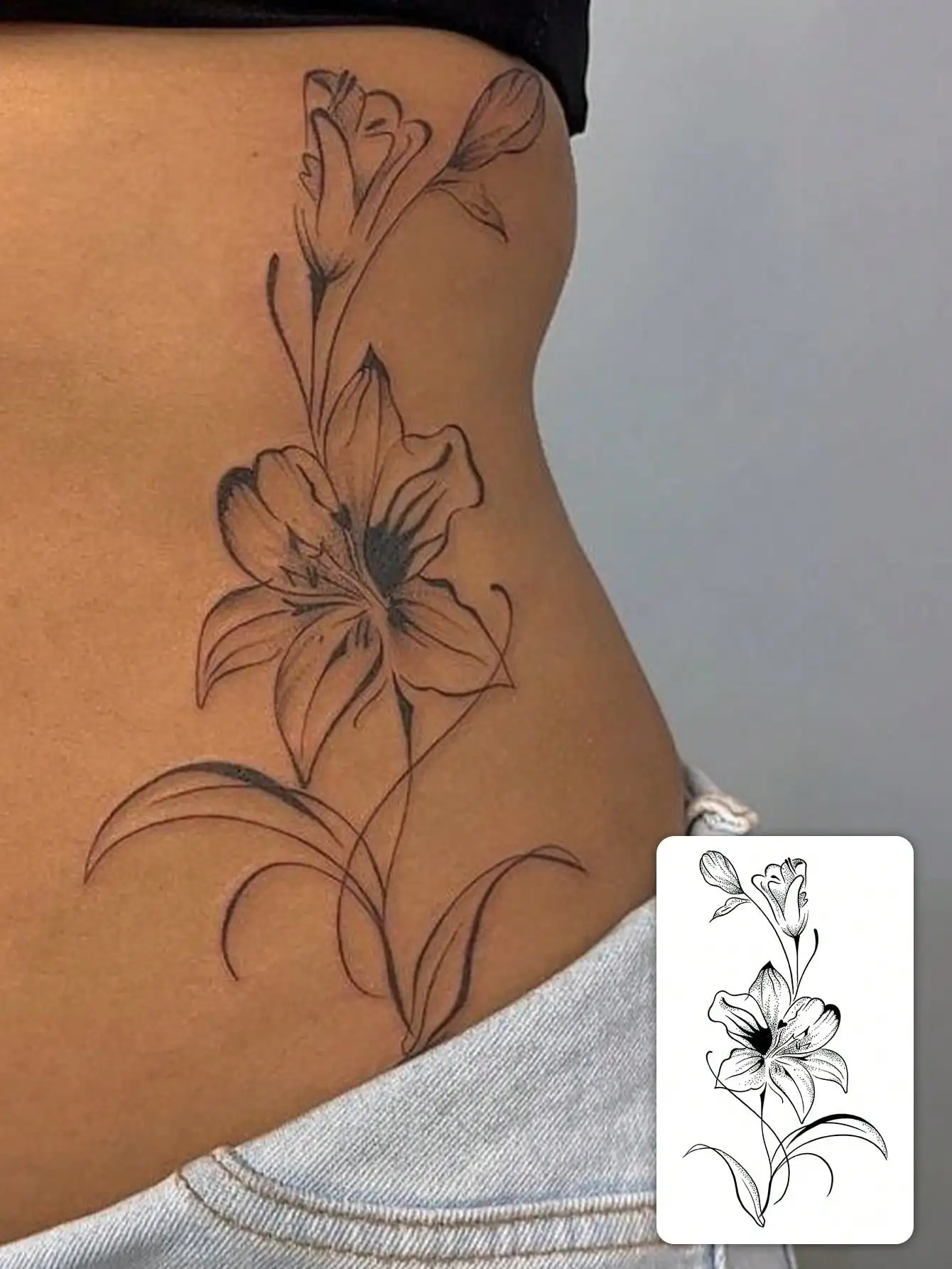 

1pc Fashionable Waterproof Lily Flower Line Art Temporary Tattoo, Gradual Floral Bud Design For Side Waist, Suitable For People,Sketch Style