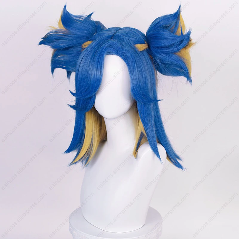 Parrucca Cosplay al Neon 42cm di lunghezza blu giallo parrucche di colore misto resistente al calore capelli sintetici festa di Halloween gioco di ruolo