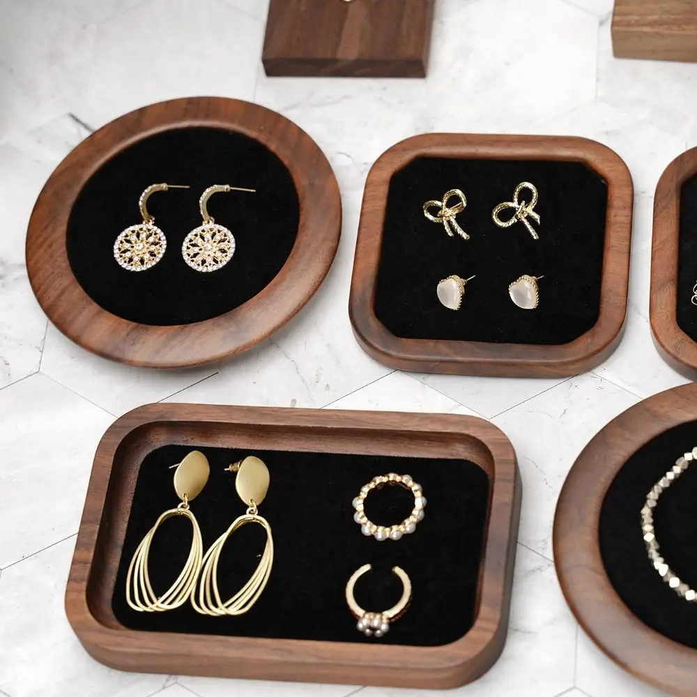 Geometry Wood Rings Tray Velvet Ear Studs Case Earrings Display Tray Exquisite Jewlery Organizer Ring Earring Holder Desk