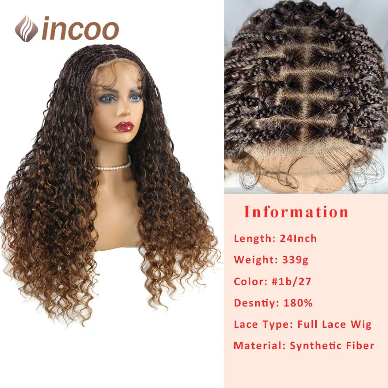 24'' Synthetic Bohemia Full Lace Box Braided Wig Lace Frontal Wig for Braiding Wih Curly Hair Ombre Blonde Goddess Faux Locs Wig