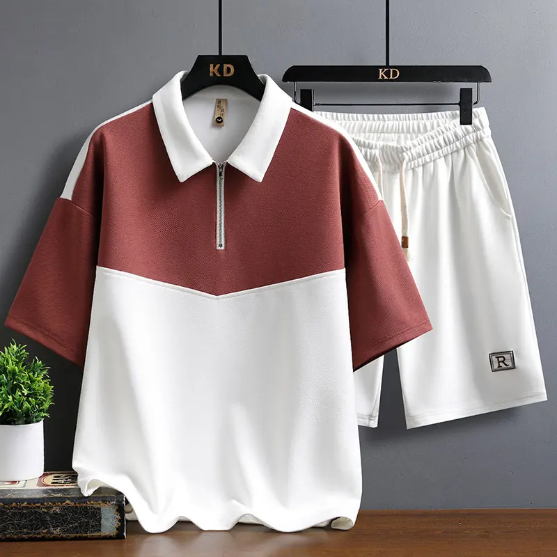 

Мужской летний повседневный спортивный костюм-двойка из полиэстера: свободная рубашка с отложным воротником и шорты для молодежи