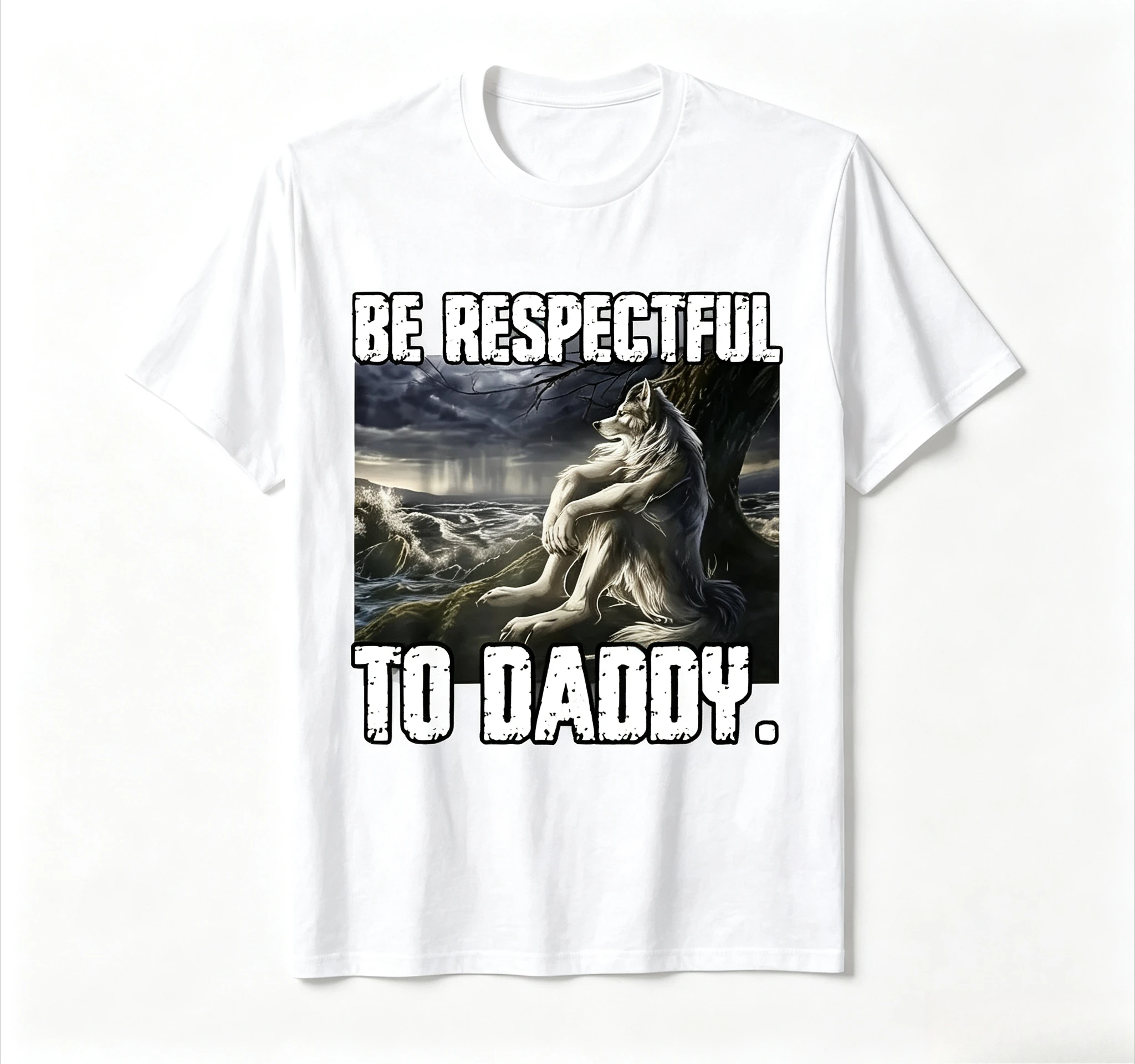 Family Matching T‑Shirt Black Sitting Wolf Humanoid Front Print Storm Ocean Background Distressed Slogan Text Short Sleeve Tee