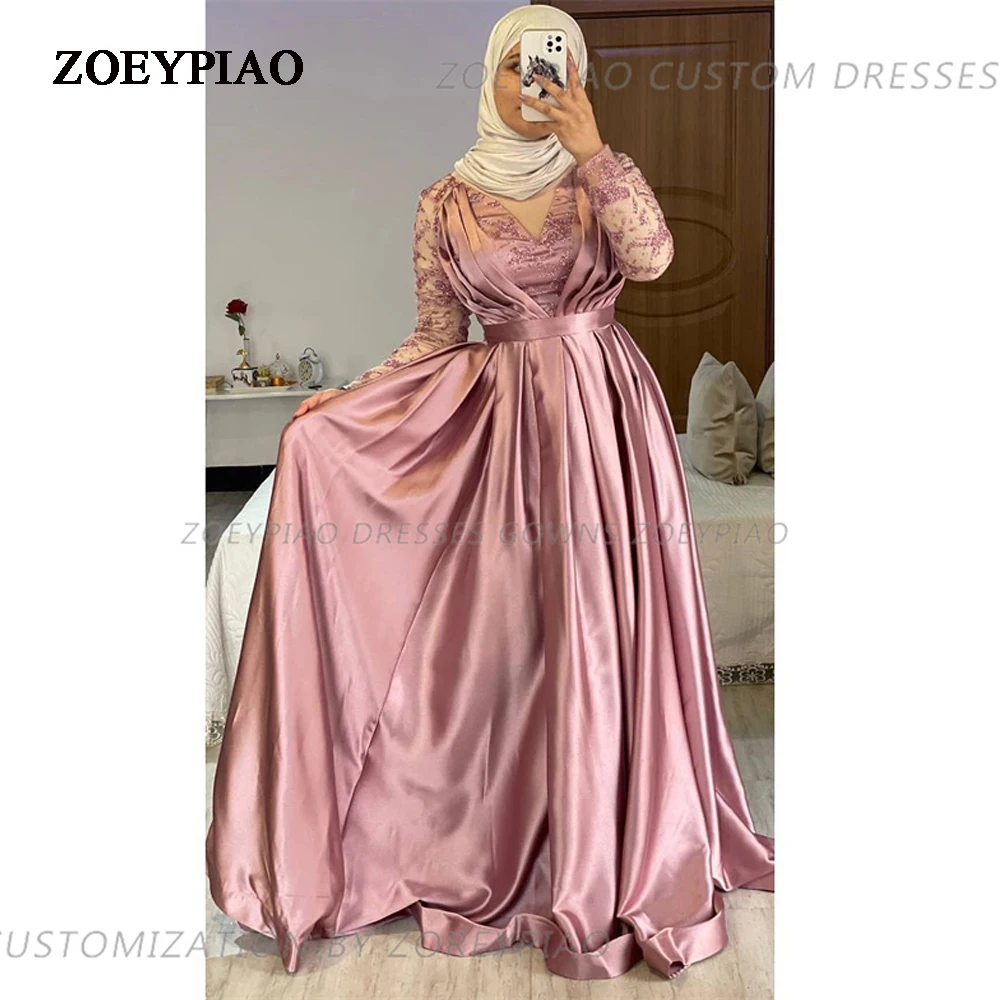 

Pink Shiny Lace Flowers Prom Dress O Neck 2023 Satin Evening Gowns Muslim Formal Dubai Party Dress A Line Customize Vestidos