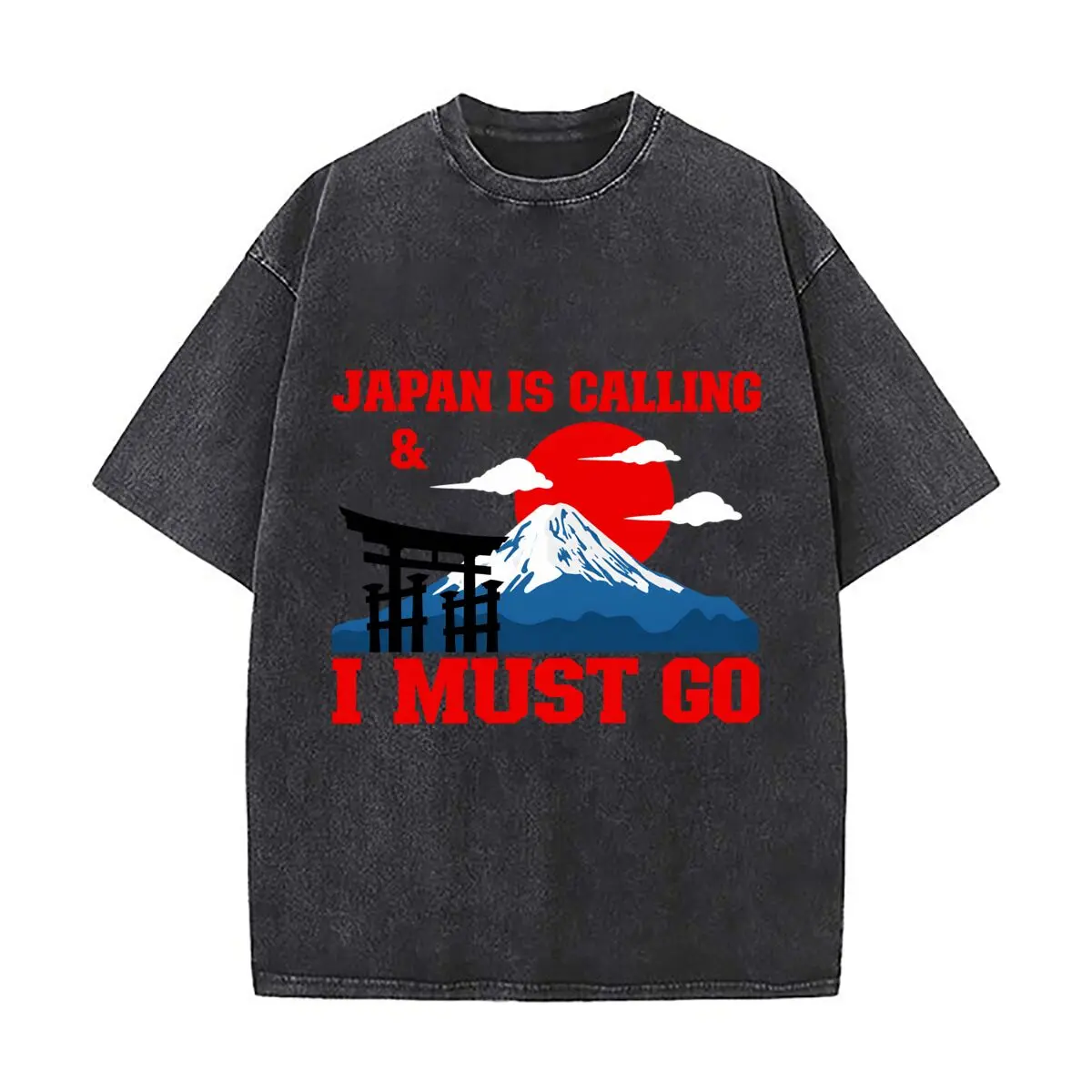 Japan Is Calling I Must Go Mount Fuji Torii Distressed Faded Baggy Streetwear Tops for Park Hangouts