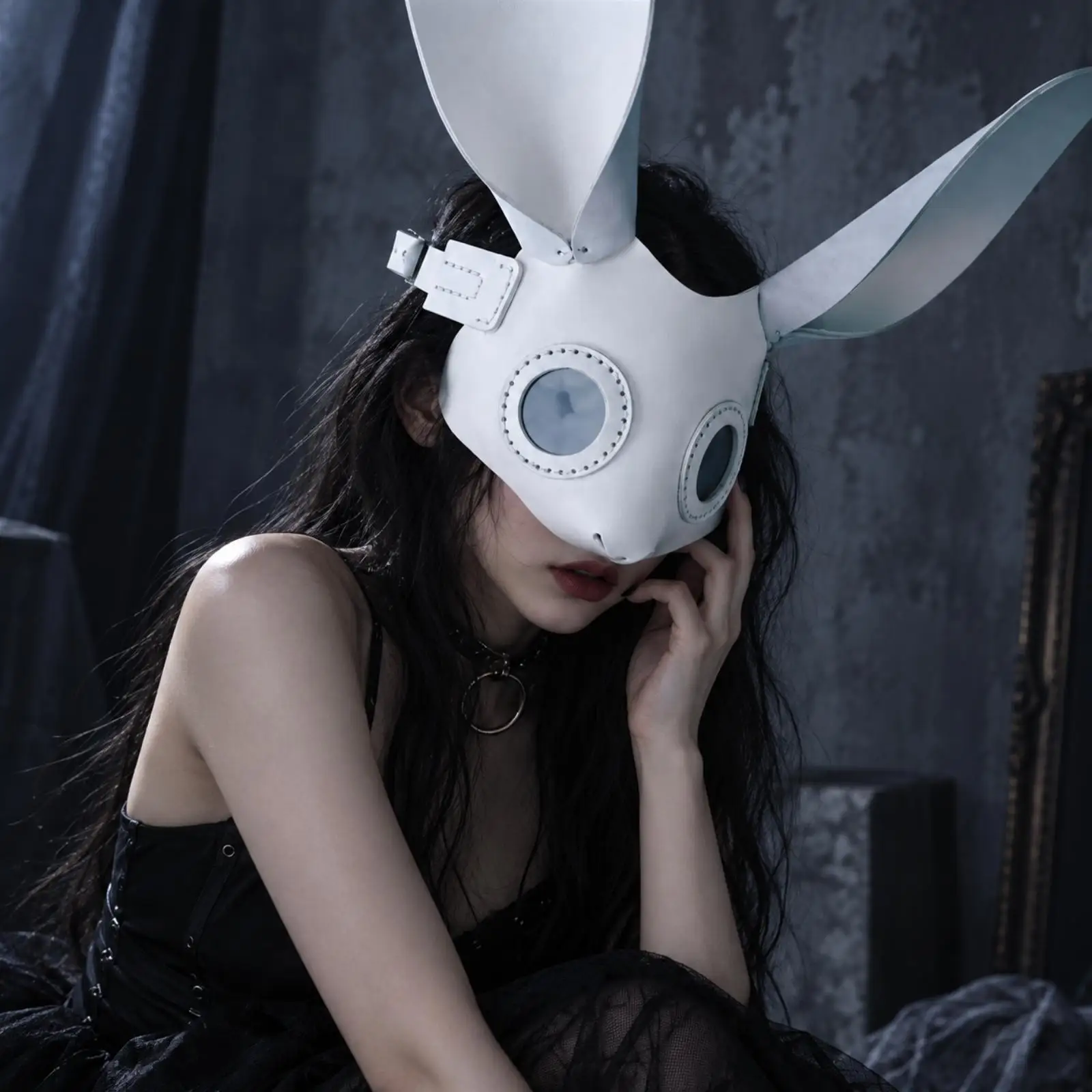 White Rabbit Ear Headpiece Face Mask for Theater Stage Creative Styling