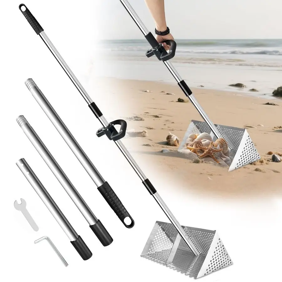 

Flea Rake Heavy Duty Stainless Steel Sand Scoop Detachable 47 Long Handle Sand Sifter for The Beach with 16 Width Basket Metal D
