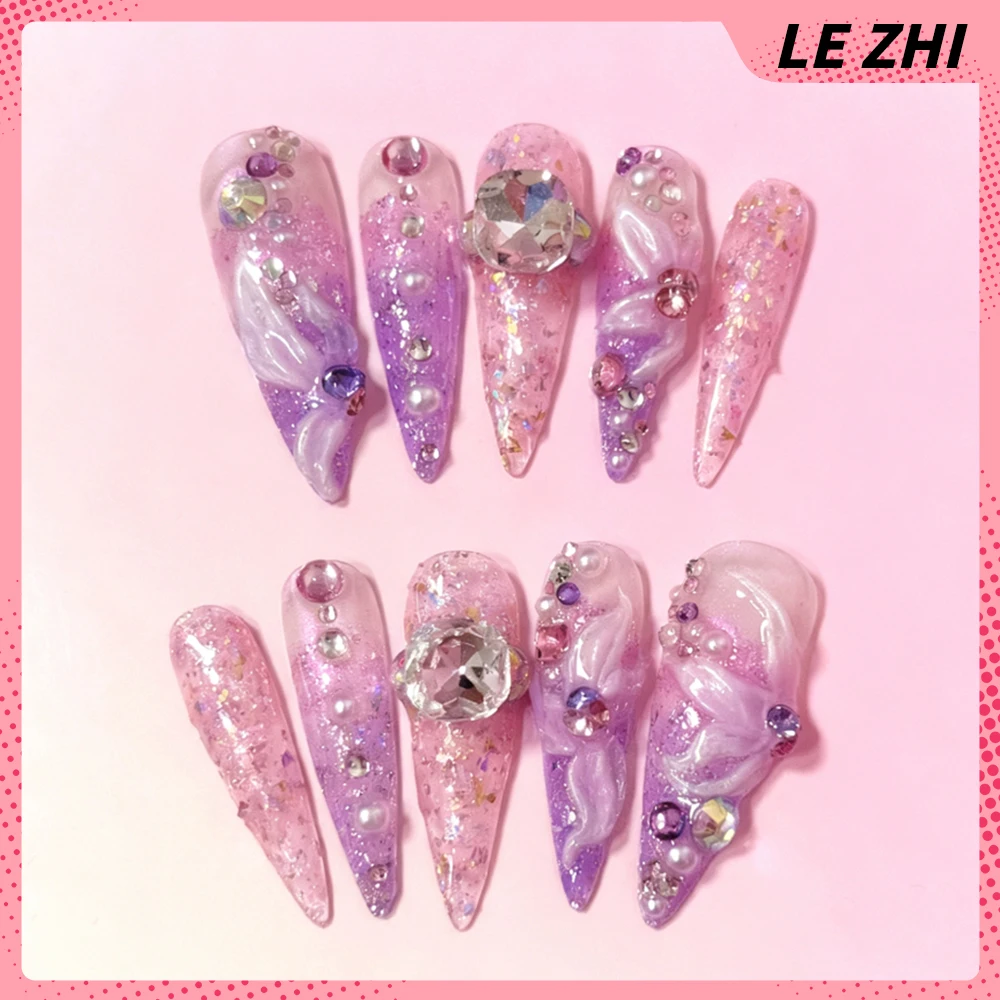 10Pcs Y2K Spice Girl Handmade Long Stiletto Wearable Press On Nail Cartoon Bear Bowknot Diamond Flower Pearl Ice Cream Fake Nail - view 3