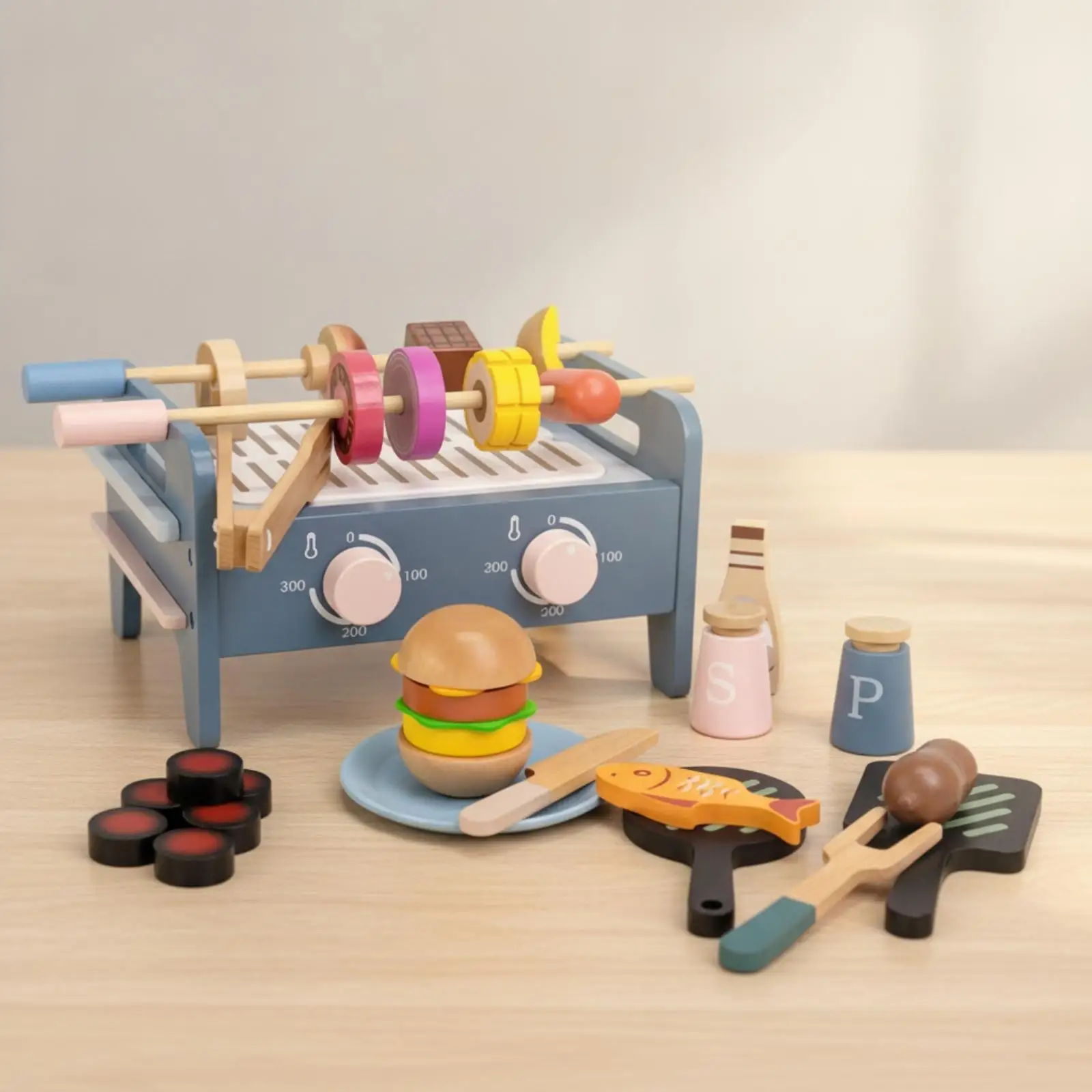 Childrens BBQ Simulation Wooden Toy with Cooking Accessories for Pretend Play Kitchen Set for Toddler Fun