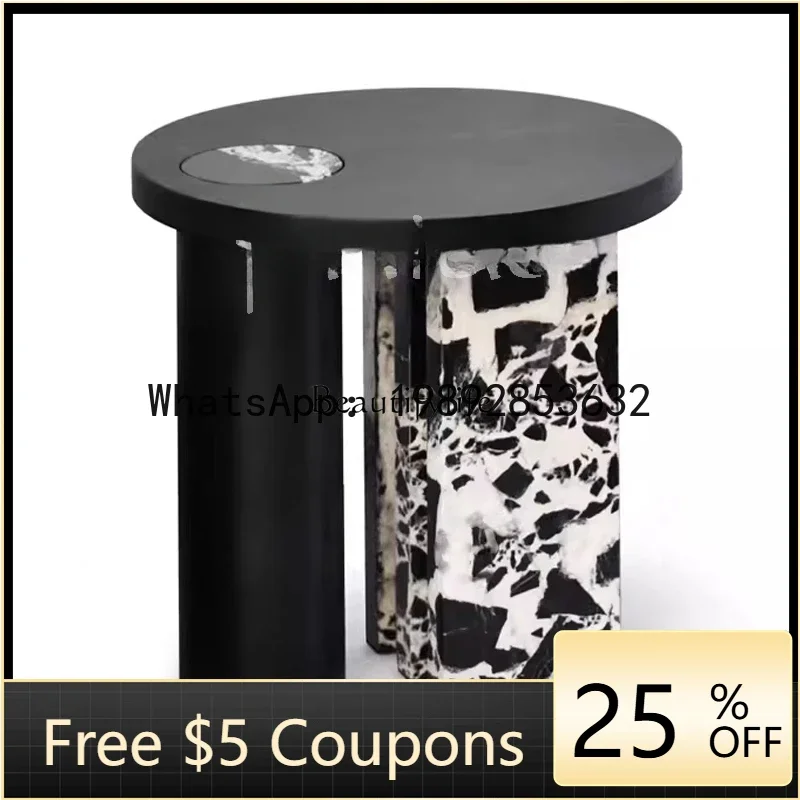 W5.14   **French minimalist natural black marble solid wood round coffee table combination